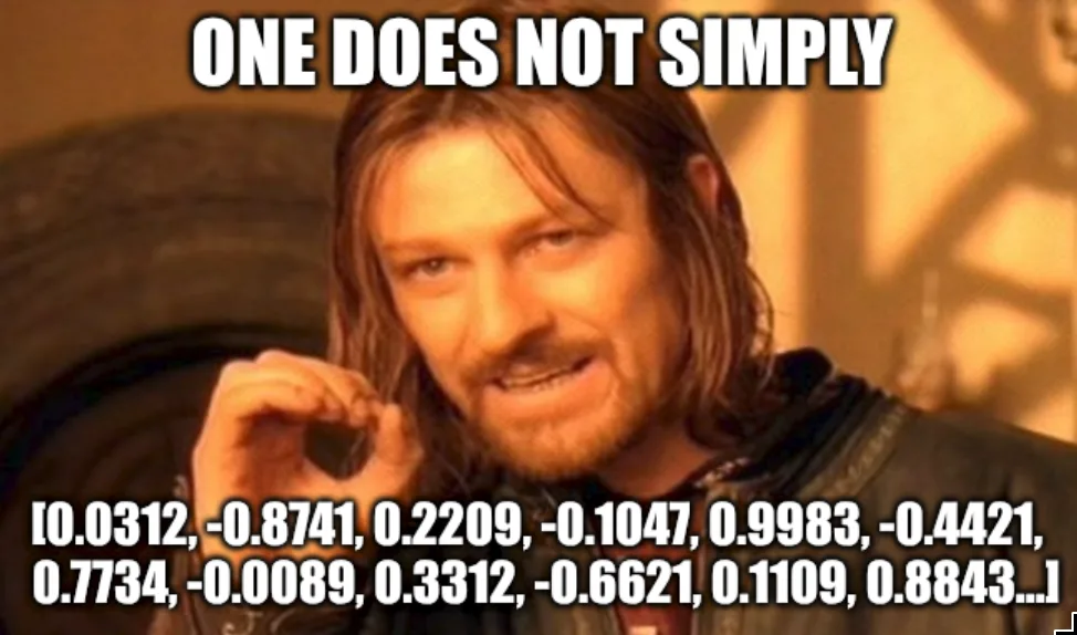 Meme explaining that a model does not simply read text, it works with vectors