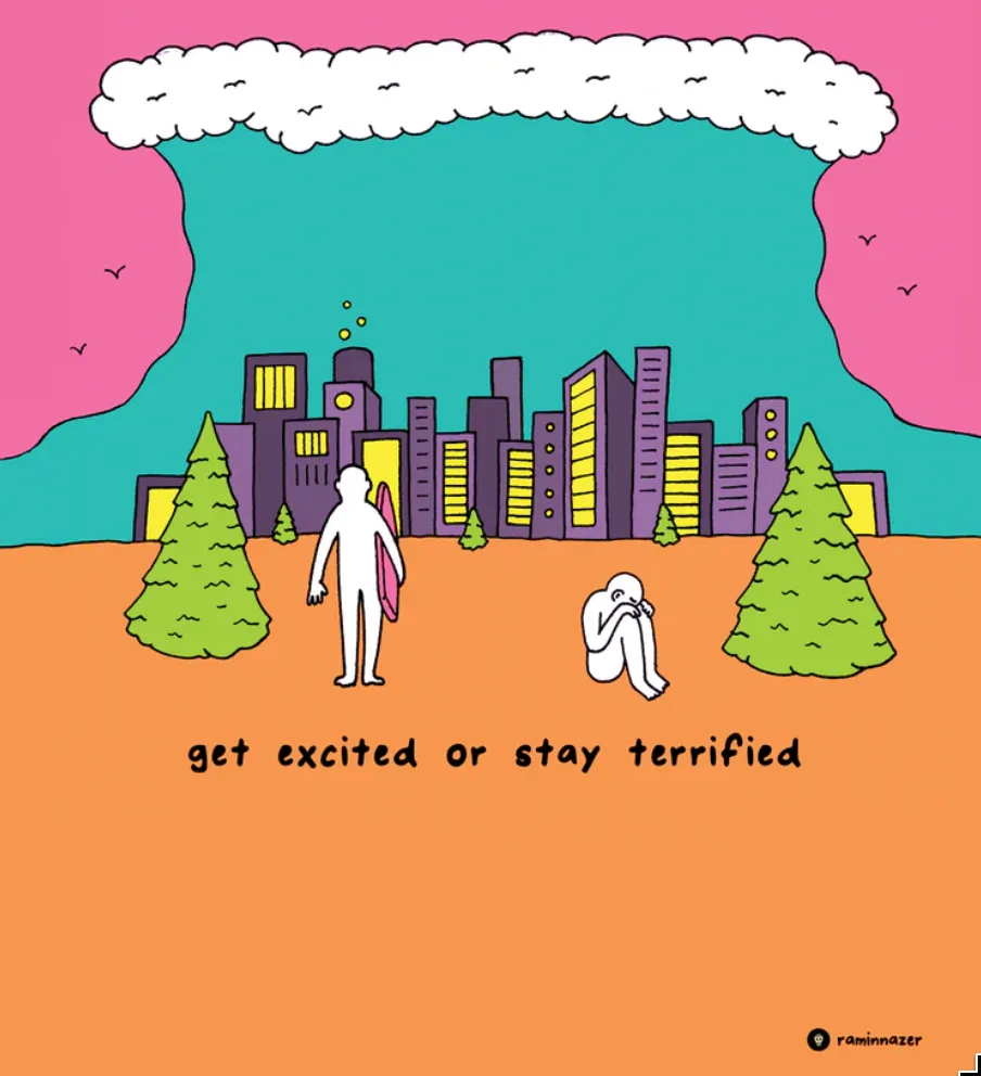 Cartoon showing a huge wave over a city with the words get excited or stay terrified
