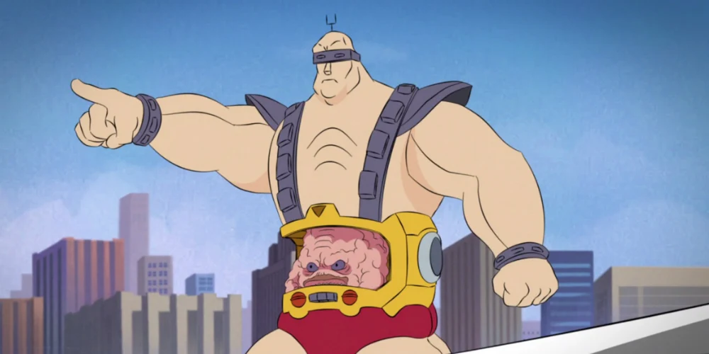 Krang inside a large robot body pointing across a city