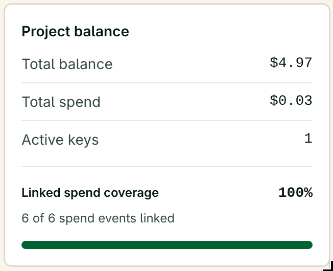Project balance card showing linked spend coverage at 100% with a progress bar